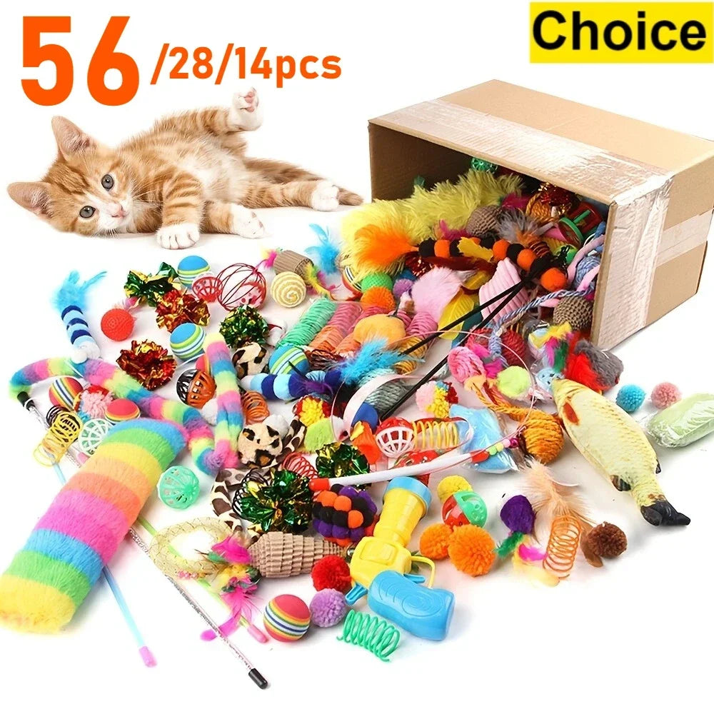 Assorted cat toys illustrating the 14, 28 and 56-piece packs