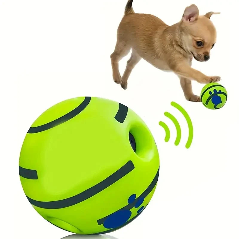 Dog with a green giggle ball for rolling play