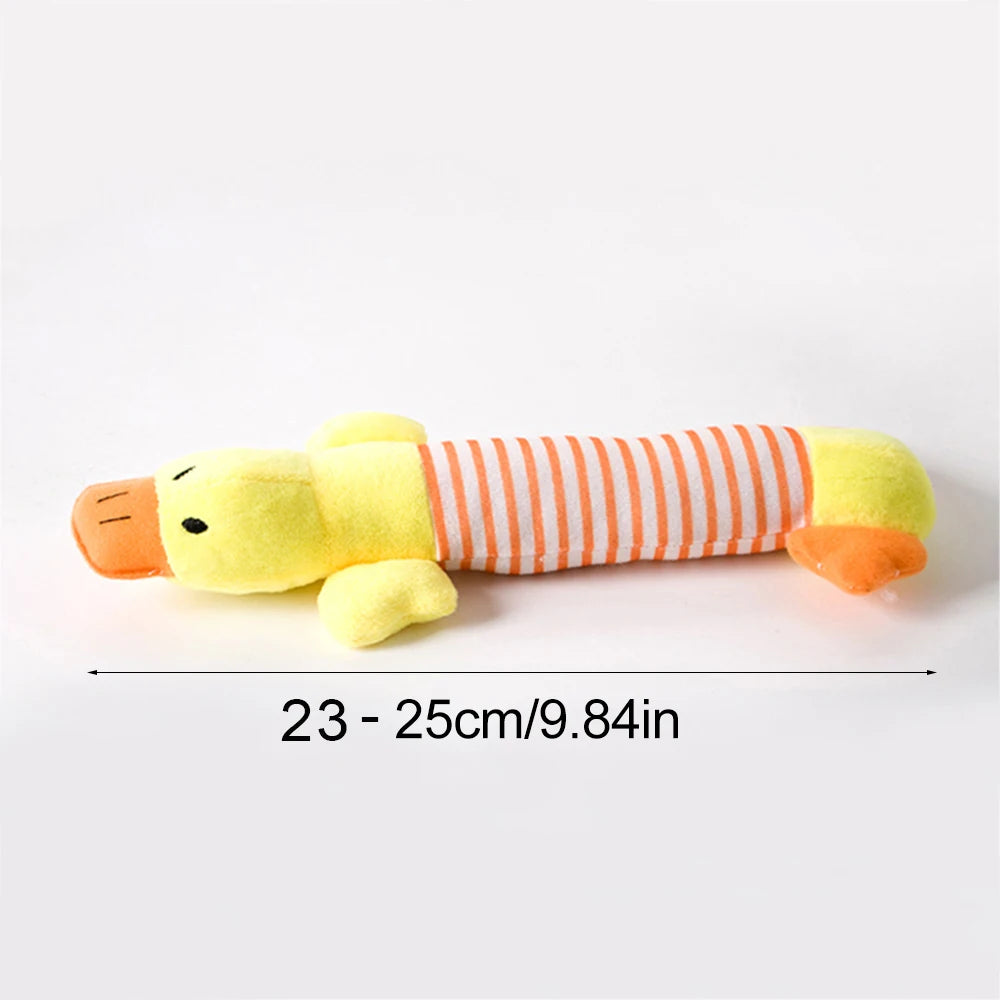 Compact yellow duck dog toy, approximately 23–25 cm