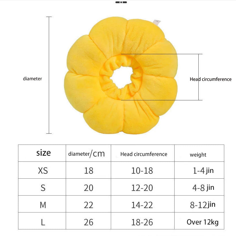 Sunflower recovery collar opening circumference and outer diameter size chart