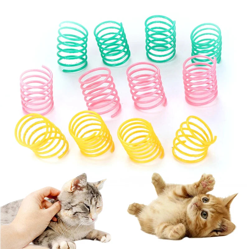 Colorful spring cat toys shown with cats
