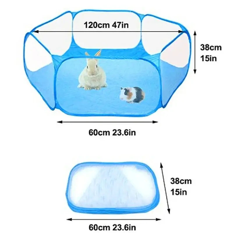 Foldable open-top pet playpen in blue with a rabbit and guinea pig inside, measuring 120cm x 38cm.