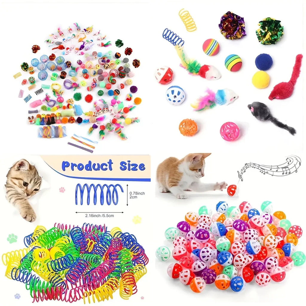 Examples of balls, springs, plush shapes and teaser toys