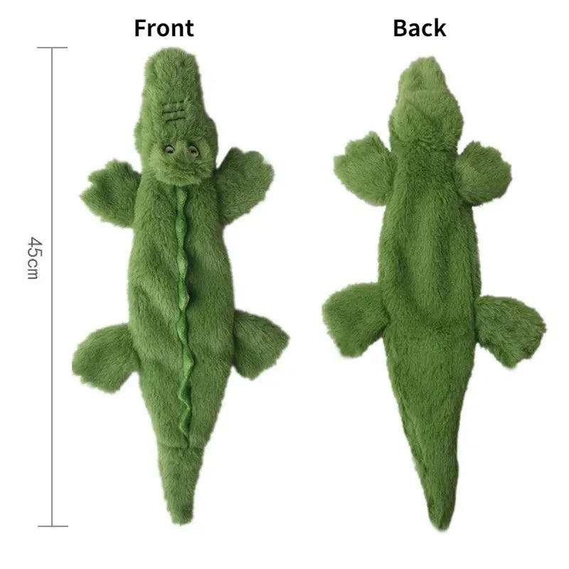 Olive crocodile squeaky dog toy front and back