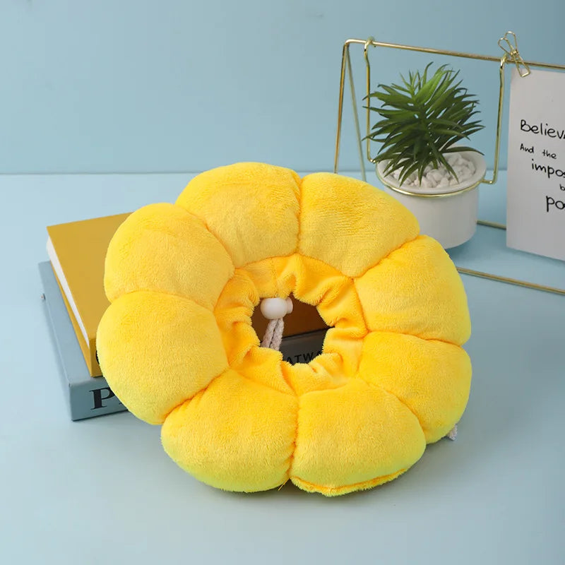 Yellow sunflower pet collar showing the adjustable center
