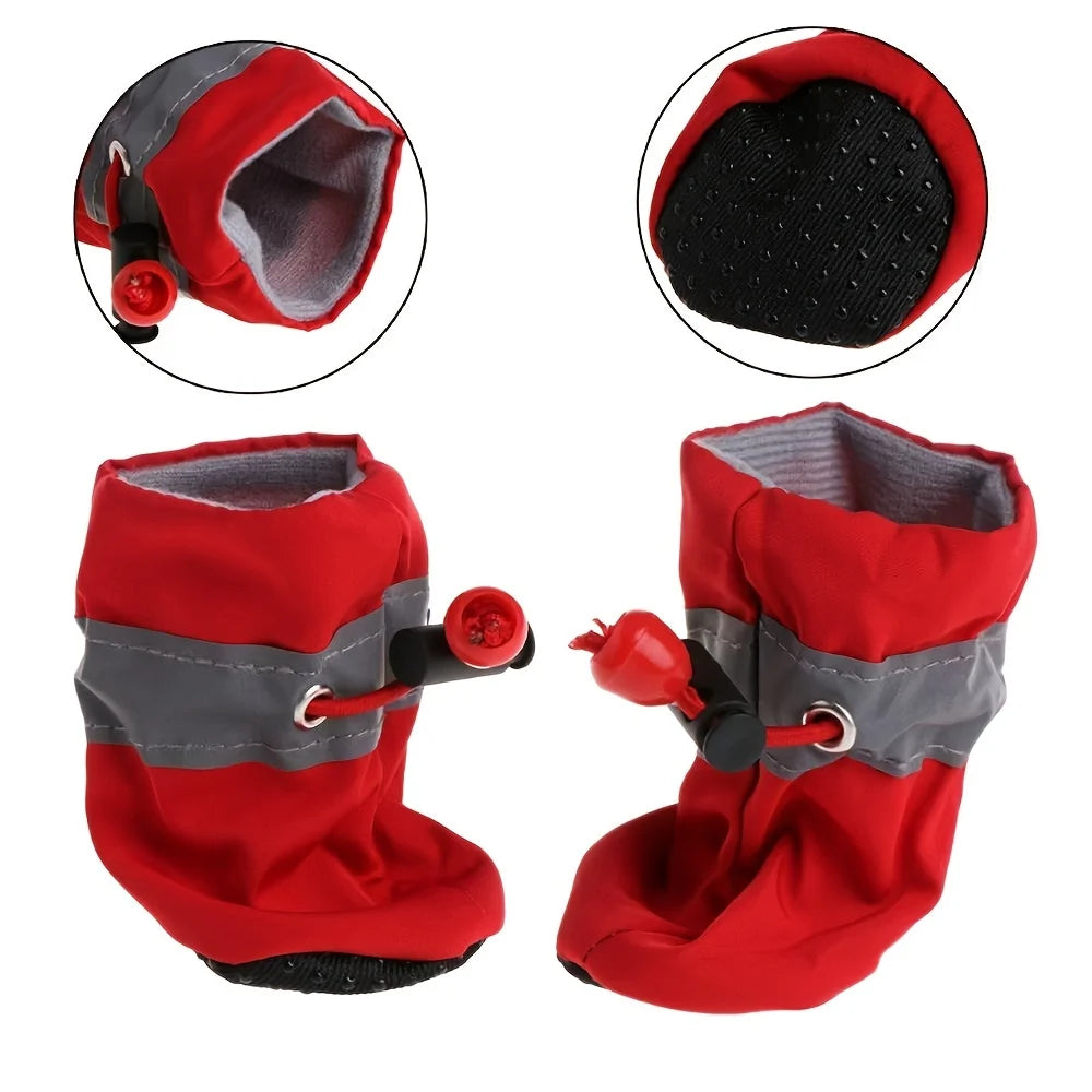 Red rain boot upper, closure and rubber outsole details