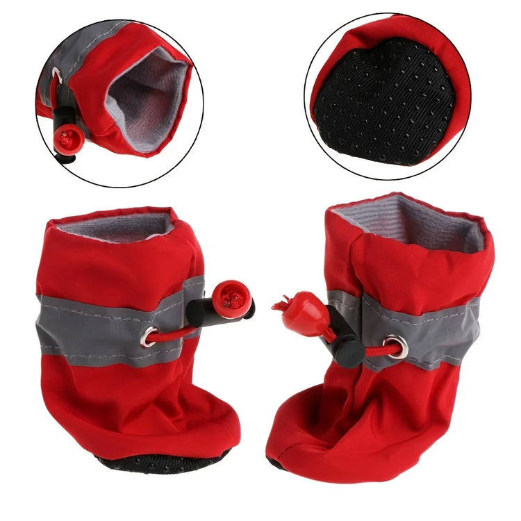 Red rain boot upper, closure and rubber outsole details