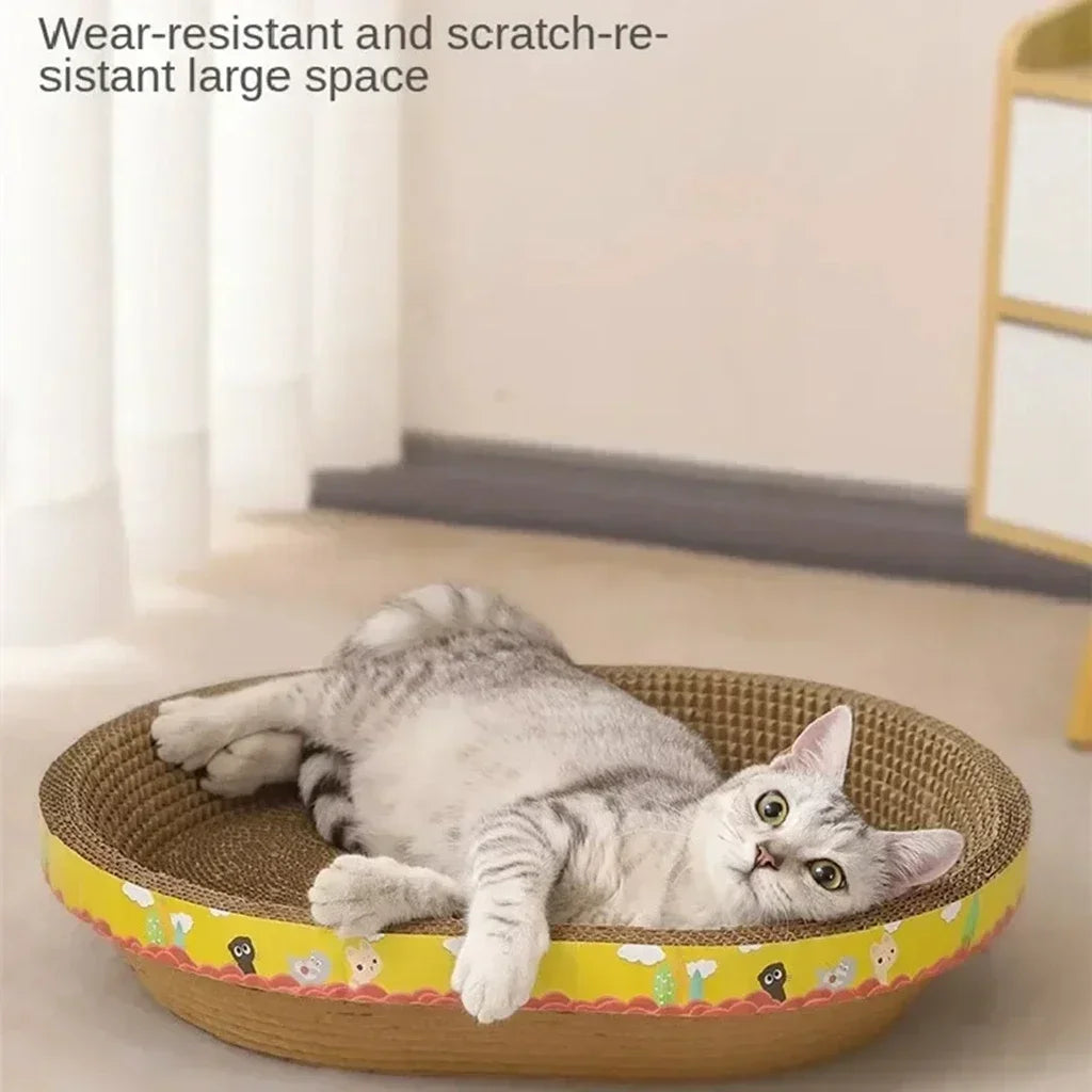 Cat lying in a curved yellow cardboard scratcher