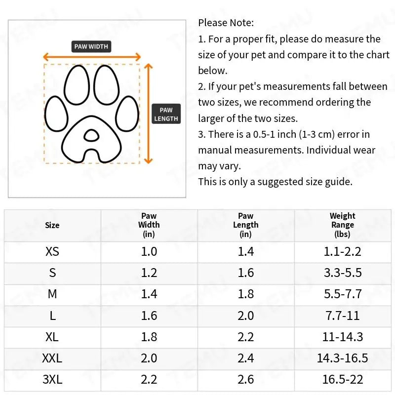 Dog rain boot paw width and length size guide in inches